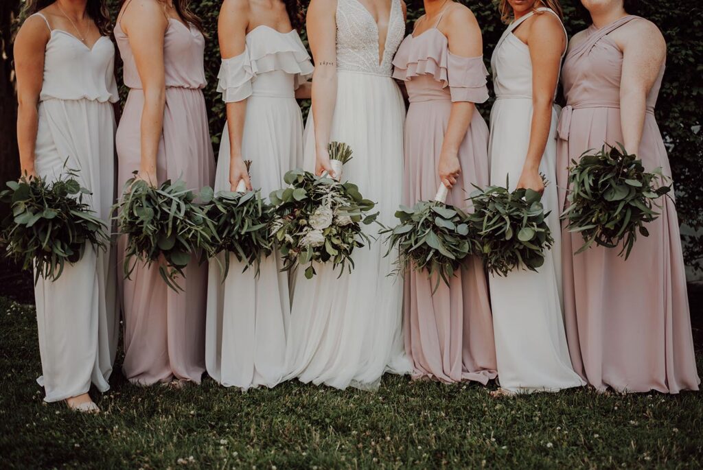 wedding party in pale pink dresses