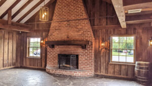 alpine room with brick fireplace